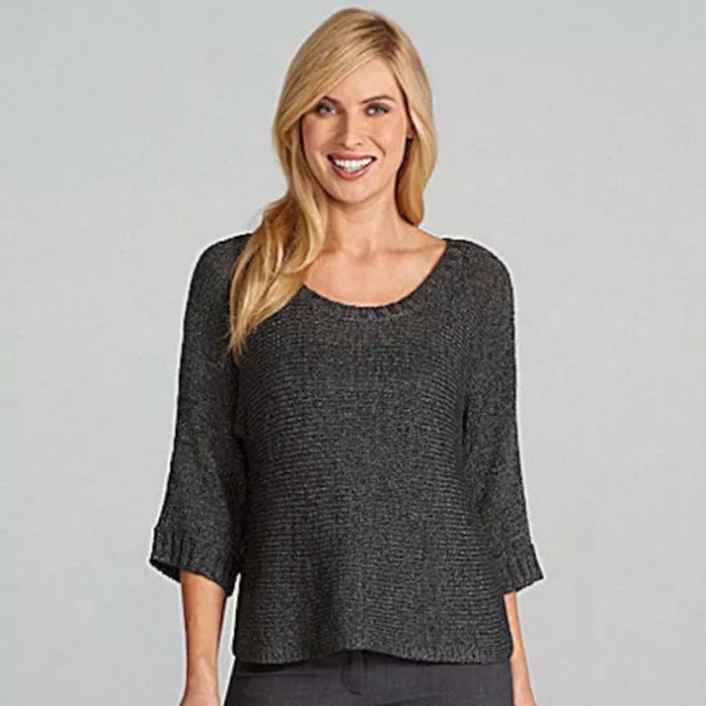 Eileen Fisher Sweater Women's XS Charcoal Grey Metallic Open Knit 3/4 Sleeve‎